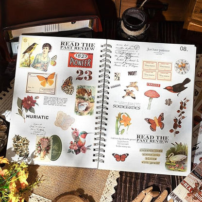 RISYPISY Pre-Cut Vintage Sticker Book for Scrapbooking - 622PCS Journaling Dark Academia Washi Stickers, Ephemera for Junk Journal Supplies 50 Sheets Orange Sticker for Journaling