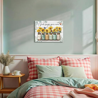 WENGTIAO Christian Sunflower Canvas Wall Art Print God Says You Are Picture Bible Verse Poster Inspirational Scripture Painting Mason Jar Flower Wall Decor Quotes Artwork for Living Room Bedroom 12x16 inch