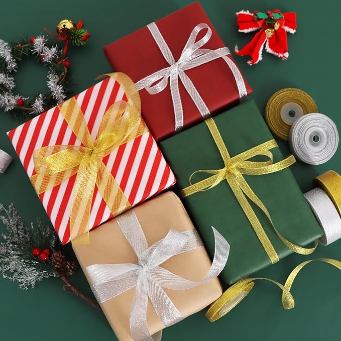 TONIFUL 5 Rolls Christmas Glitter Ribbon Set - Gold & Silver 3/8" & 1" Width x 25 Yards Ribbon for Crafts, Wreath, Tree, Gift Wrapping, Bows, Bouquet, Christmas, Valentine, Thanksgiving, Decoration