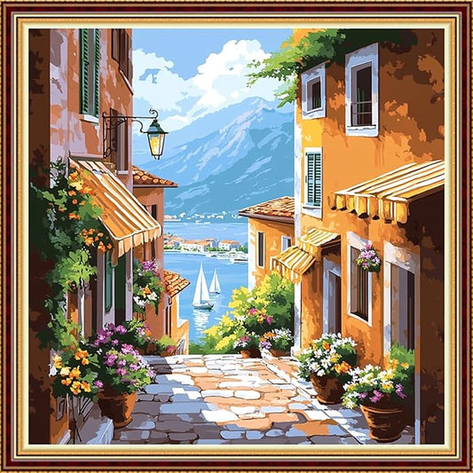 Funart Stamped Cross Stitch Kits for Beginners Full Range of Cross Stitching Preprinted Embroidery Kits for Adults, 11CT Embroidery Pattern Needlepoint Kits-Seaside Street View 18x18 inch