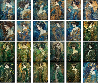 Large Stickers (24 pcs 2.5"x3.5" Each) Calming Beautiful Art Nouveau Portraits of Ladies with Blue and Green Flowers Vintage Postcards Retro Greeting Card Book Illustration Reprint