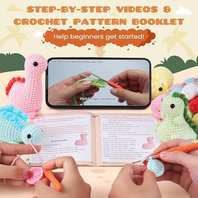 Crochet Kit for Beginners, Beginner Crochet Kit for Adults with Step-by-Step Video Tutorials, DIY Crochet Animal Kits Knitting Supplies, 4 Pack Dinosaurs (40%+ Yarn)