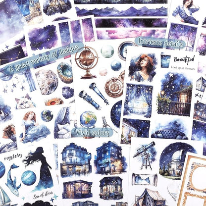 Pre-Cut Galaxy Sticker for Journaling, PET Washi Paper Collage Book, 20 Sheets Star Space Fantasy Planner Decals Scrapbook Junk Journal Supplies