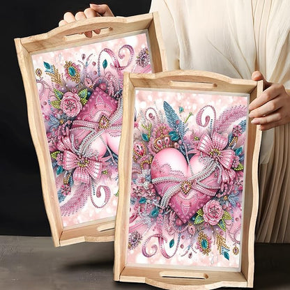 DIY Diamond Art Wooden Tray Kit, Food Tray with Handle Diamond Painted Table Decoration Tray, for Breakfast, Bar Dinner Table Diamond Dots Gem Painting Art Set for Beginners-#33-Pink Heart