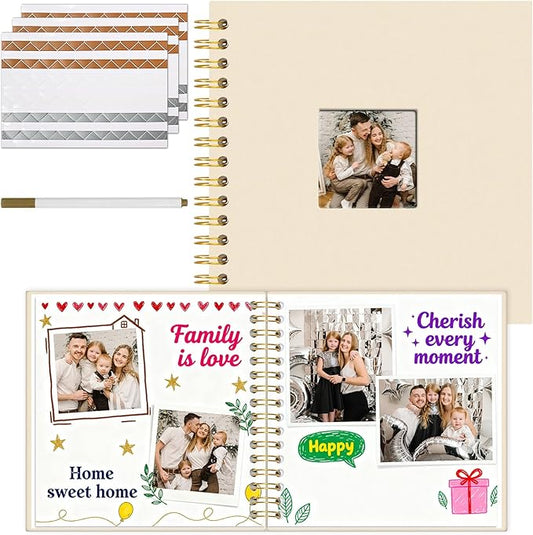 Vienrose 8 x 8 Inch Scrapbook Photo Album, Linen Hardcover Photo Book with 40 White Pages, DIY Memory Book Kit with Accessories for Wedding, Baby Shower, Travel, Christmas (Beige, 20 Sheets)