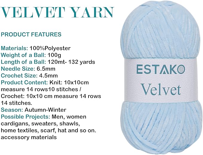Estako Velvet Chenille Blanket amigurumi Yarn for Crocheting and Knitting Super Bulky 100 gr (132 yds) (1220 - Blue)