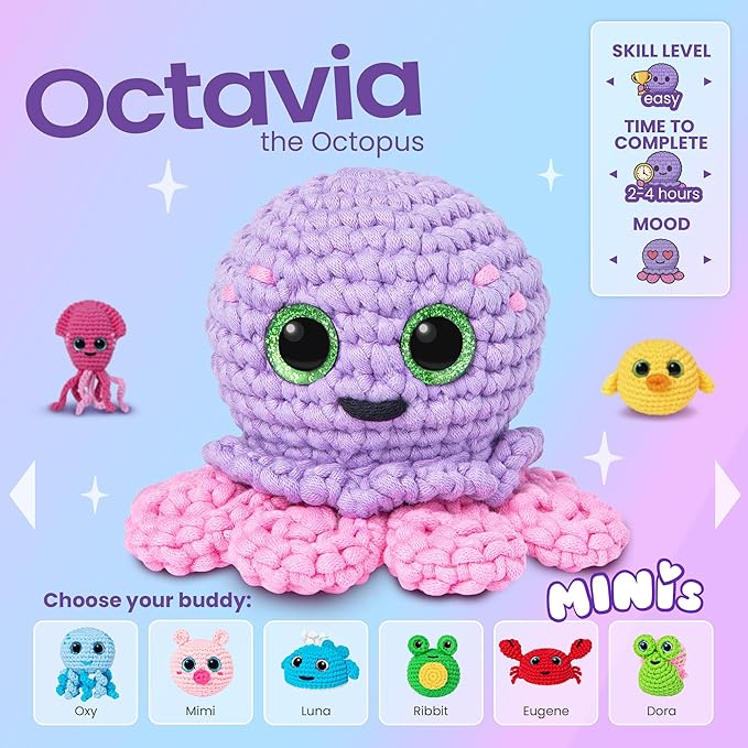 Cookie Box Crochet Kit for Beginners – Gift Set to Make Octopus Octavia Amigurumi Plushie – Easy DIY Crochet & Knitting Starter Kit with Printed Instructions & Step-by-Step Video Tutorial