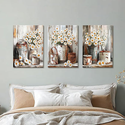 WENGTIAO 3Pcs Rustic Daisy Canvas Wall Art Fall Flower Prints Posters Vintage Country Flora Paintings Pictures Nature Botanical Artwork for Bedroom Living Room Bathroom 20x28x3