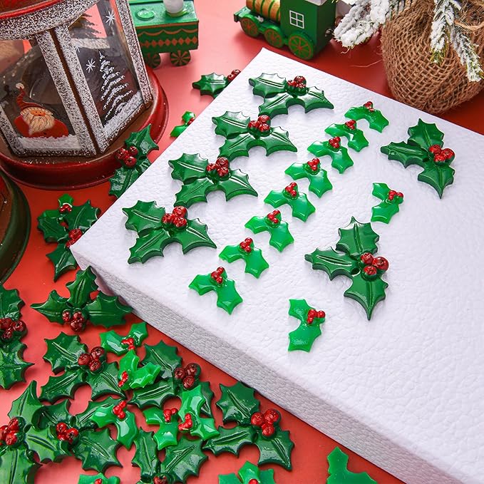 50 Pieces Holly Berries Christmas Embellishments Flatback Green Leaves Resin Charms Cute Charms Wreath Making Supplies Handmade Art Craft for Christmas Cards DIY Garland Scrapbook Decor