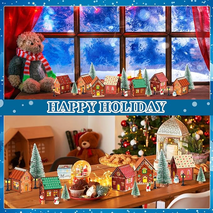29 Pcs DIY Christmas Village Sets 12 Pcs Wood Village Houses Xmas Scene Figurines Decoration Mini Tree Desktop Ornament for Indoor Room Landscape Xmas Holiday Party Decor(Cute Style)