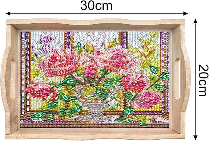 DIY Diamond Art Wooden Tray Kit, Food Tray with Handle, Diamond Painted Table Decoration for Breakfast, Bar Dinner Table, Diamond Dots Gem Painting Art Set for Beginners (#06-Rose)