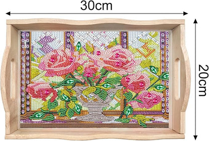 DIY Diamond Art Wooden Tray Kit, Food Tray with Handle, Diamond Painted Table Decoration for Breakfast, Bar Dinner Table, Diamond Dots Gem Painting Art Set for Beginners (#06-Rose)