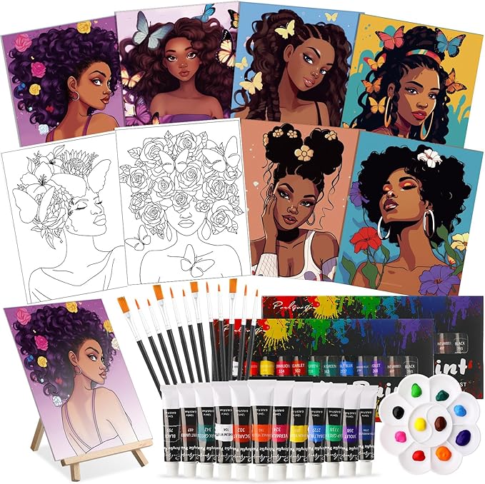 Cholemy 36 Pcs Valentine Paint and Sip Kit for Adults 8''x10'' Pre Drawn Canvas for Painting DIY Afro Acrylic Painting Kit Wood Easel Brushes Date Night Bulk for Party Gifts(Sunshine Lady)