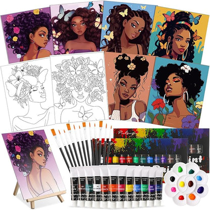 Cholemy 36 Pcs Valentine Paint and Sip Kit for Adults 8''x10'' Pre Drawn Canvas for Painting DIY Afro Acrylic Painting Kit Wood Easel Brushes Date Night Bulk for Party Gifts(Sunshine Lady)