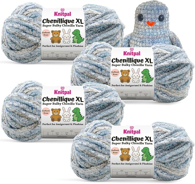 Chenillique XL Plush Chenille Yarn – 4-Pack (352 Yards / 400 g) – Variegated Super Bulky Yarn for Plushies, Blankets, Amigurumi & Accessories - Blue Whisper
