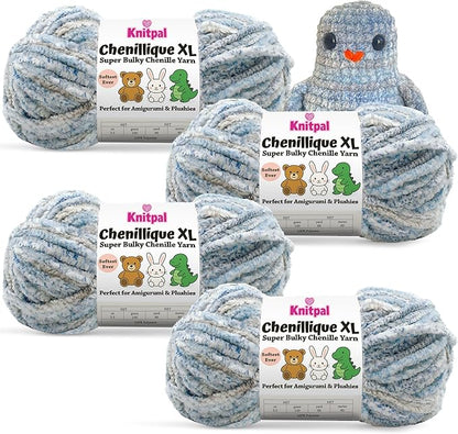 Chenillique XL Plush Chenille Yarn – 4-Pack (352 Yards / 400 g) – Variegated Super Bulky Yarn for Plushies, Blankets, Amigurumi & Accessories - Blue Whisper