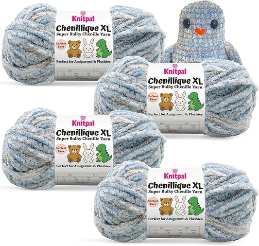Chenillique XL Plush Chenille Yarn – 4-Pack (352 Yards / 400 g) – Variegated Super Bulky Yarn for Plushies, Blankets, Amigurumi & Accessories - Blue Whisper