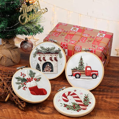 Christmas Embroidery Kit, DIY Hand Embroidery Kit, Beginner Embroidery Kit for Adults, Embroidery Christmas Ornament Kits (C)