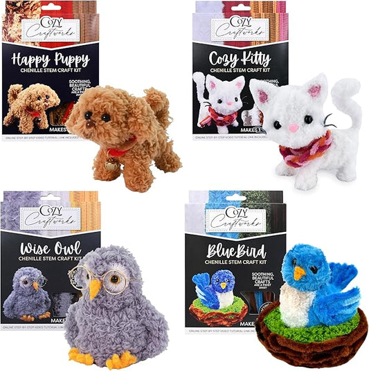 WeVeel Cozy Craftworks Chenille Stem Animal Craft Kit for Adults – Create 4 Adorable Animals (Kitty, Puppy, Bird & Owl) – Relaxing DIY Arts & Crafts Kit with All Supplies