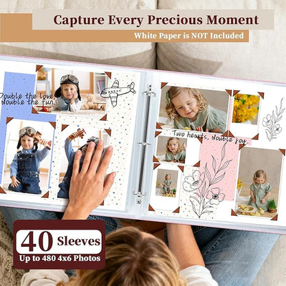 Hiwhy 12x12 Inch Large 3 Ring DIY Scrapbook Photo Album, Linen Cover Scrapbook with 40 Sheets Plastic Sleeves 80 Pages Memory Book for Wedding Birthday Baby Family (Pink)