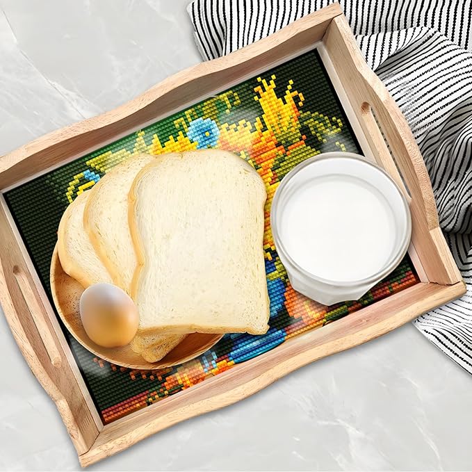 FGbaby DIY 5D Sunflower Diamond Painting Wood Serving Tray with Handles Diamond Art Decorative Serving Trays Wooden Tray for Breakfast in Bed, Patio, BBQ, Coffee Table, Party – Great for Lap & Couch