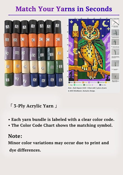 KitsMaster Owl Wizard Latch Hook Kit – Pre-Printed Canvas, Color-Coded Yarn, Starry Night Rug Craft for Adults & Beginners, 23.6''x15.8'' (Whimsical Forest Watcher)