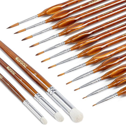 DUGATO 15pc Miniature & Dry Brush Paint Set - Fine Detail Premium Nylon Bristle & Goat Hair Brushes for Warhammer 40k, DND, Model Painting - Acrylic, Oil, Watercolor (Brown)