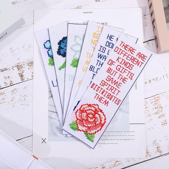 ORIGACH 6 Set Cross Stitch Bookmark Kit for Beginner Flower and Bible Verse Pattern DIY Stamped Embroidery Bookmark Kit with 19 Colors Embroidery Floss Instructions 8''x2.4''