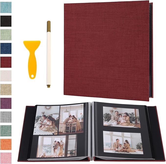 Photo Album Self Adhesive Pages Black Sticky Pages Large Scrapbook Linen Cover for 4x6 5x7 8x10 Pictures Album de Fotos Wedding Couples Baby Family Memory Book, 13.2x12.8 Red 60 Pages