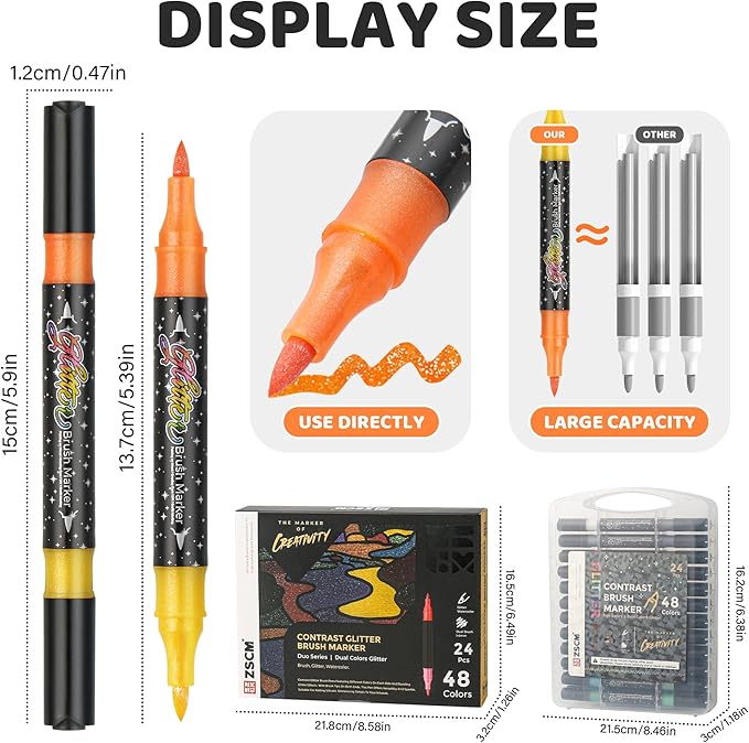 ZSCM 48 Colors Duo Glitter Brush Markers, 24 Pack Stocking Stuffers, Metallic Sparkle Markers for Doodle Writing, Glitter Art Crafts Gifts Trendy Stuff Christmas Stocking Stuffers