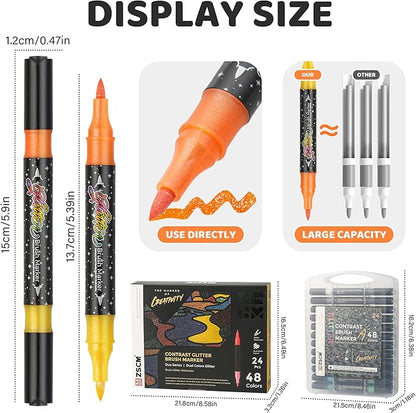 ZSCM 48 Colors Duo Glitter Brush Markers, 24 Pack Stocking Stuffers, Metallic Sparkle Markers for Doodle Writing, Glitter Art Crafts Gifts Trendy Stuff Christmas Stocking Stuffers