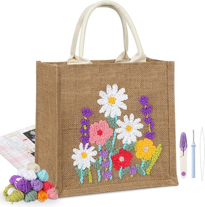 Punch Needle Kits for Beginners Adults Complete Embroidery Tote Bag Set with Flower Pattern Punch Needle Tote Bag Set with Instruction Yarns Tools DIY Embroidery Starter Kit for Easy Craft Gifts