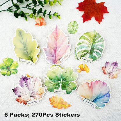 AuriicLeaf Botanical Leaf Stickers, 270PCS Plant Stickers for Scrapbooks Journals DIY Crafts Writable Cowhide Paper Material