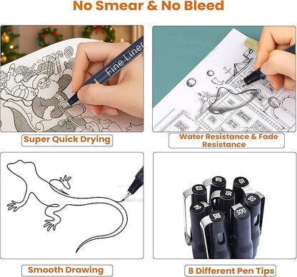 NOTEFUL Fineliner Pens - Black Micro Pens for Writing, Drawing & Journaling – Archival Waterproof Ink – Precision Art Pens for Sketching, Outlining & Detailing (1 Count (Pack of 8))