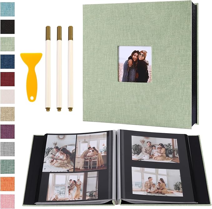 Self Adhesive Photo Album Black Pages Scrapbook Magnetic Photo Albums for 4x6 5x7 8x10 Pictures Books with Sticky Pages with A Metallic Pen for Baby Family Wedding 13.2x12.8 GrassGreen 120 Pages