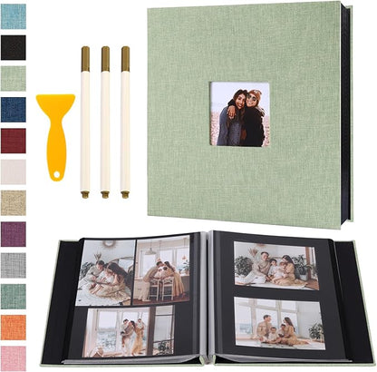 Self Adhesive Photo Album Black Pages Scrapbook Magnetic Photo Albums for 4x6 5x7 8x10 Pictures Books with Sticky Pages with A Metallic Pen for Baby Family Wedding 13.2x12.8 GrassGreen 120 Pages