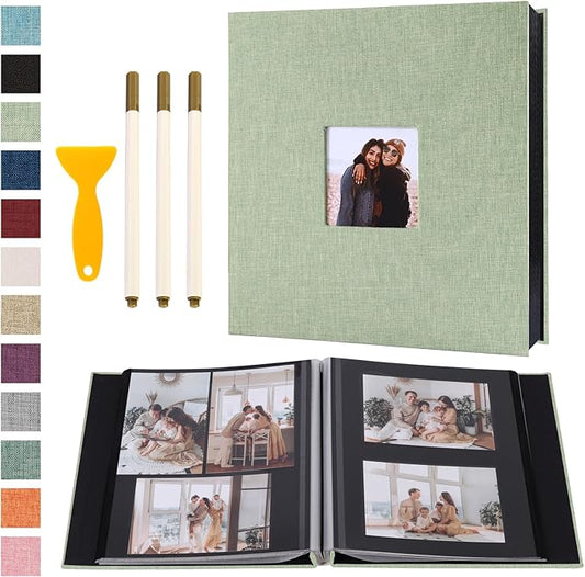 Self Adhesive Photo Album Black Pages Scrapbook Magnetic Photo Albums for 4x6 5x7 8x10 Pictures Books with Sticky Pages with A Metallic Pen for Baby Family Wedding 13.2x12.8 GrassGreen 120 Pages