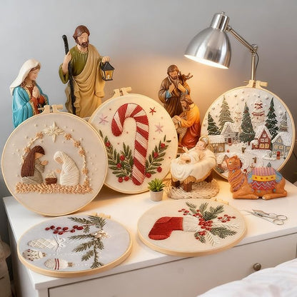 QBQBQ 4 Sets Christmas Embroidery Kit for Beginners, Embroidery Kits for Adults, Cross Stitch Kits for Beginners with Pattern, Needles, Threads, Bamboo Hoops, Tools