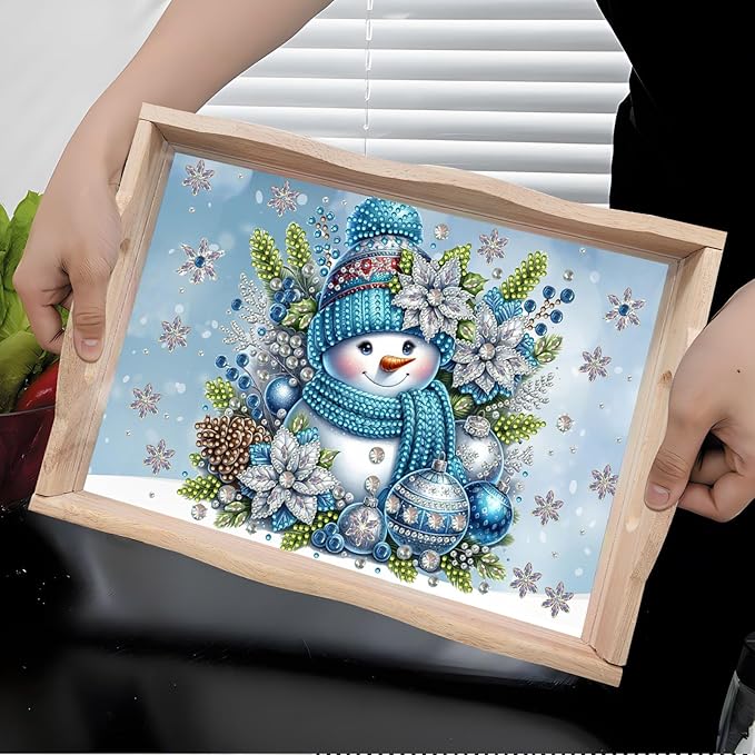DIY Diamond Art Painting Wooden Tray Kit With Handle, Food Tray for Breakfast, Bar Dinner Table Decoration, Diamond Dots Gem Painting Art Set for Beginners-Snowman1