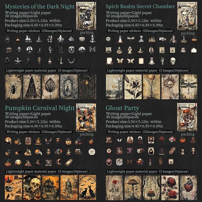 240 Pieces Dark Horror Themed Stickers and Scrapbook Paper Kit, 4 Pack Aesthetic Decorative Scrapbook Stickers for Scrapbooking, Journaling, DIY Crafts and Planner Supplies