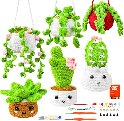 Inawenxlg Crochet Kit for Beginners with Video Tutorials – Amigurumi Starter Set to Make 6 Hanging Potted Plants