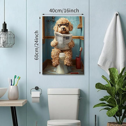 WENGTIAO Funny Dog Framed Canvas Wall Art Brown Poodle On Toilet Reading Newspaper Print Poster Humor Animal Bathroom Painting Pictures Dog Lovers Restroom Artwork for Home Washroom 16x24in