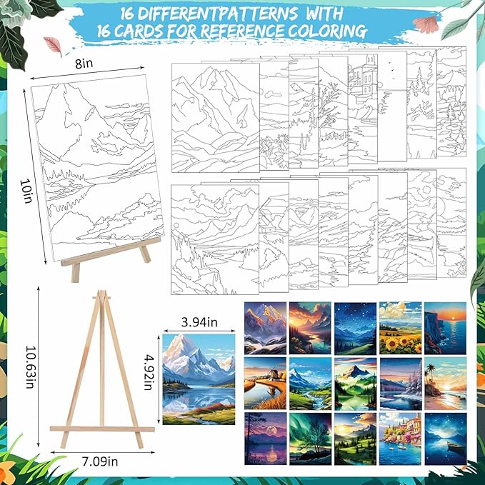 Tenceur 16 Sets Pre Drawn Canvas to Paint for Sip and Paint Party, 8 x 10 Inch Preprinted Framed Pre Sketched Coloring Canvas with Easels and Brushes for Adults Party Supplies(Landscape)