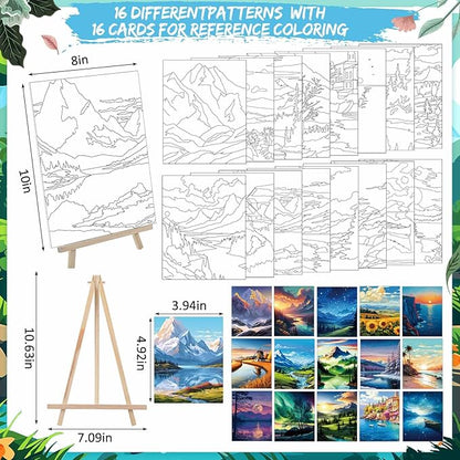 Tenceur 16 Sets Pre Drawn Canvas to Paint for Sip and Paint Party, 8 x 10 Inch Preprinted Framed Pre Sketched Coloring Canvas with Easels and Brushes for Adults Party Supplies(Landscape)