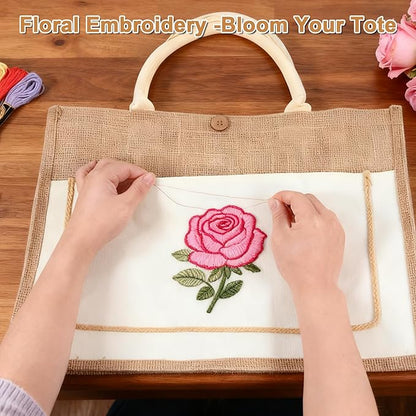 DIY Personalized Canvas Tote Bag with Embroidery Kit, Sturdy Jute Craft Bag with Front Pocket & Water-Resistant Lining, Customizable Gift Tote for Women, Everyday Use, Beach, Work, Groceries (B)