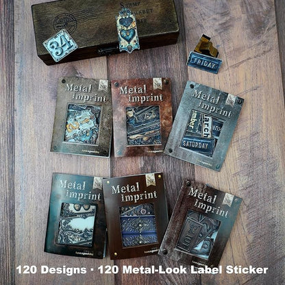 AuriicLeaf Metal Imprint Stickers Set – 120PCS Vintage Faux Embossed Label Stickers Featuring Writable Self-Adhesive Tags for Scrapbook Junk Journal DIY Crafts