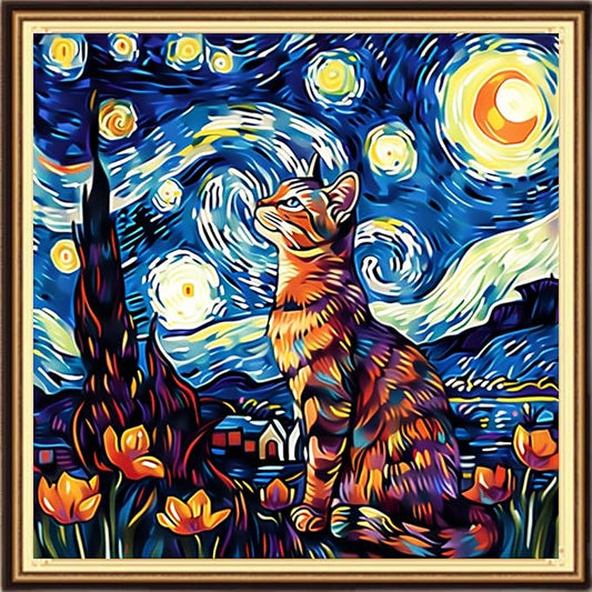 DMCVIVR Stamped Cross Stitch Kits for Adults Beginners Embroidery Kits 11CT Needlepoint Kits Cross Stitch Patterns Embroidery Patterns-Cat Under The Starry Night 18x18 inch
