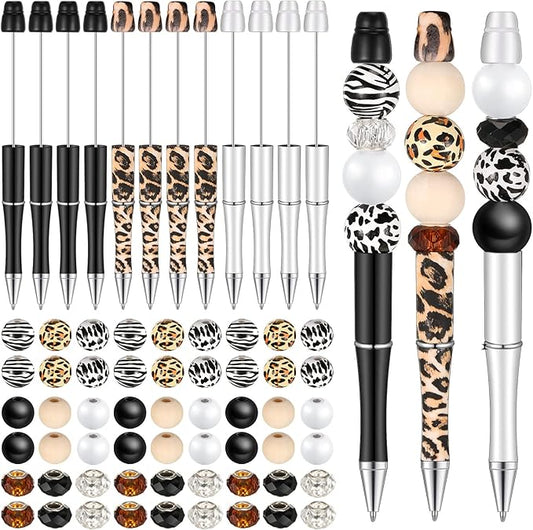 Geyee 12 Set Plastic Beadable Pens Assorted Bead Pens Crystal Wood Round Spacer Set Black Ink DIY Ballpoint for Women Men Gift Office Supplies