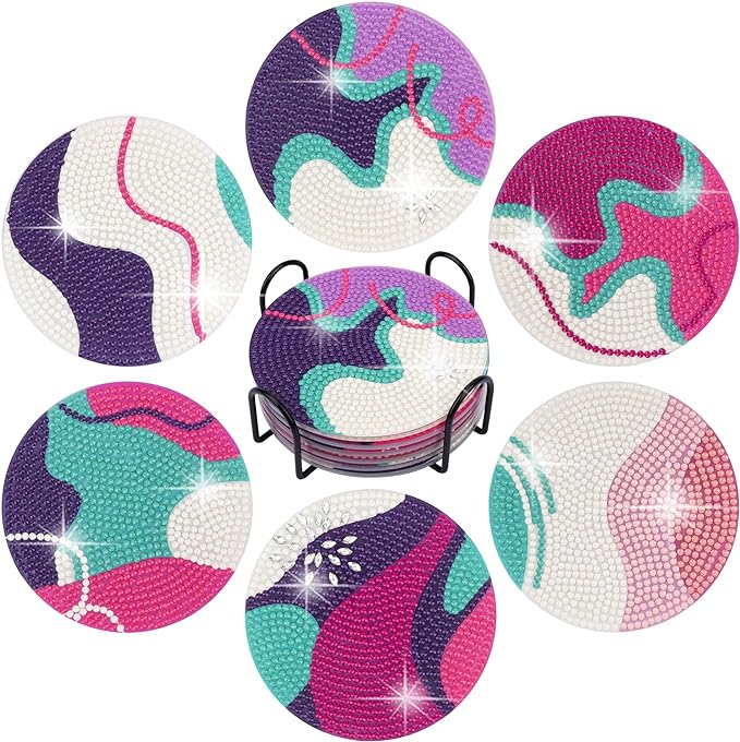 Temlum 6 Pcs Diamond Painting Coasters with Holder, Diamond Art Coasters Kits for Beginners, Adults Small Diamond Painting Kit Art Craft Supplies