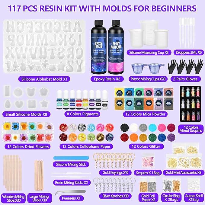 KISREL Epoxy Resin kit -18oz Clear Epoxy Resin with Silicone Alphabet Resin molds and Jewelry Making Kits, 2 Part Epoxy and Hardener for Casting Coating, Keychains, DIY Craft Decorations